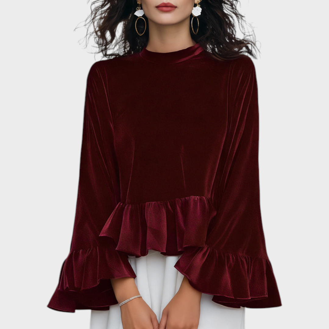 Moira | Velvet Blouse with Round Neck and Stripes
