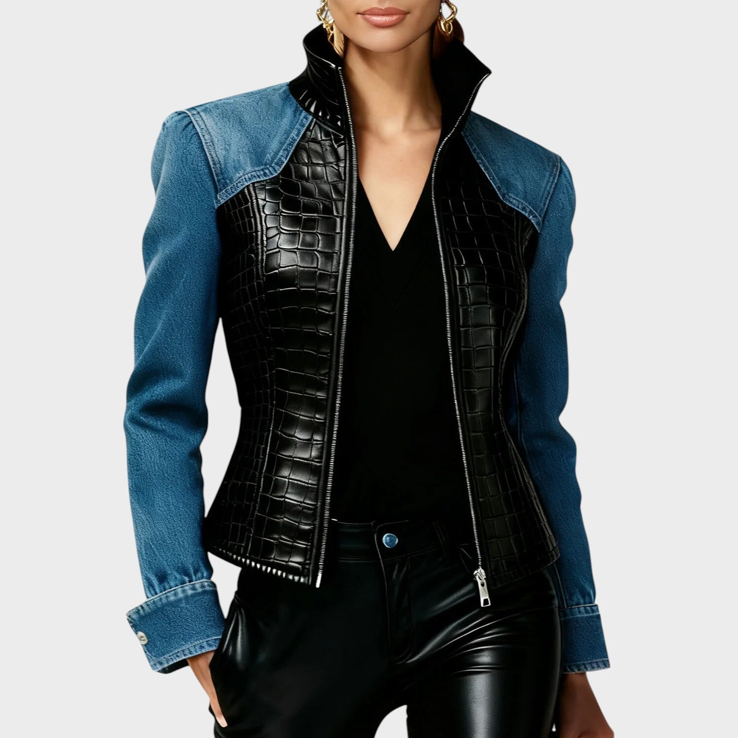 Eveline | Women's Black Leather Jacket Made of Knitted Croc PU With Patchwork Pattern With Long Sleeves And Zipper