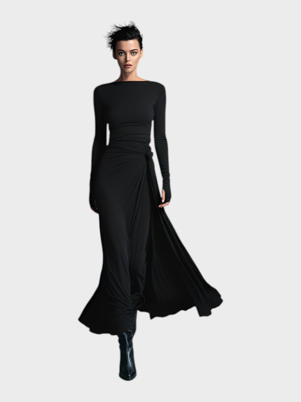 Hera | Women's Grey Stunning Stretch Blend Fabric Dress - Drawstring Maxi Dress MDA1401H9I