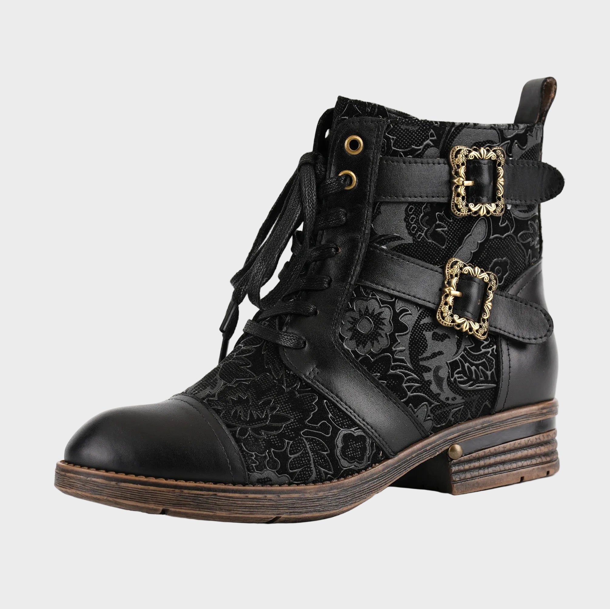 Cerila | Timelessly Elegant Flat Ankle Boots with Floral Pattern and Laces