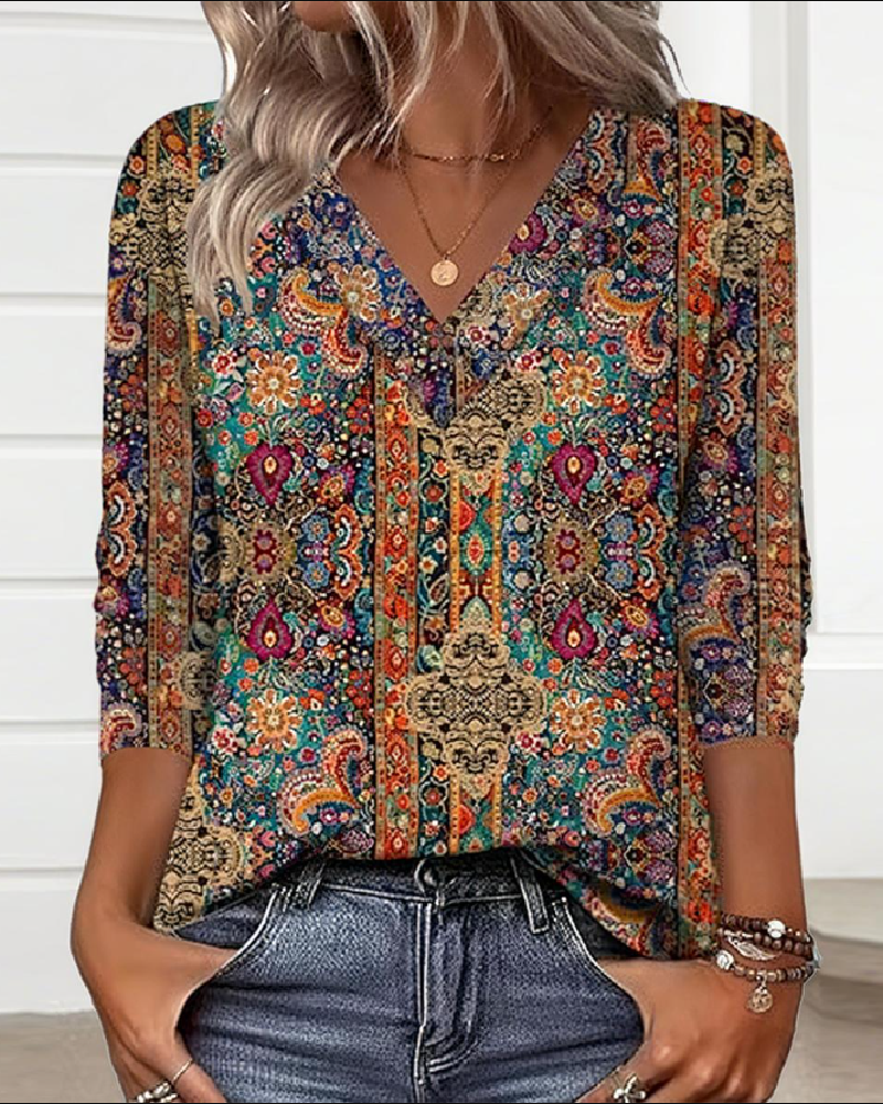 Tabbs | Retro Printed Blouse V-Neck