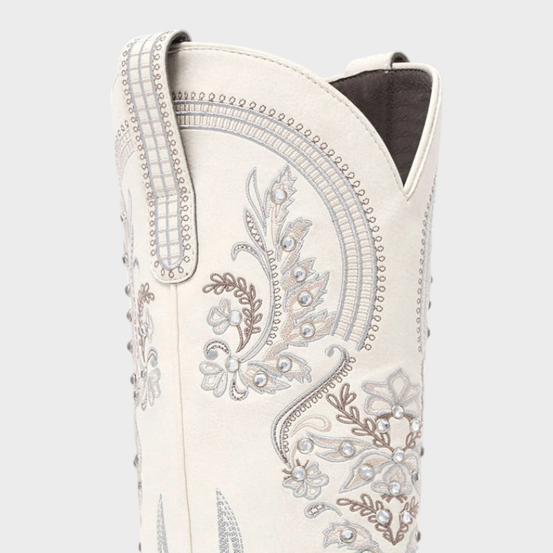 Zaira | Aurelia Women's Cowboy Boots - Ivory Pearl with Snip Toe & Floral Embroidery