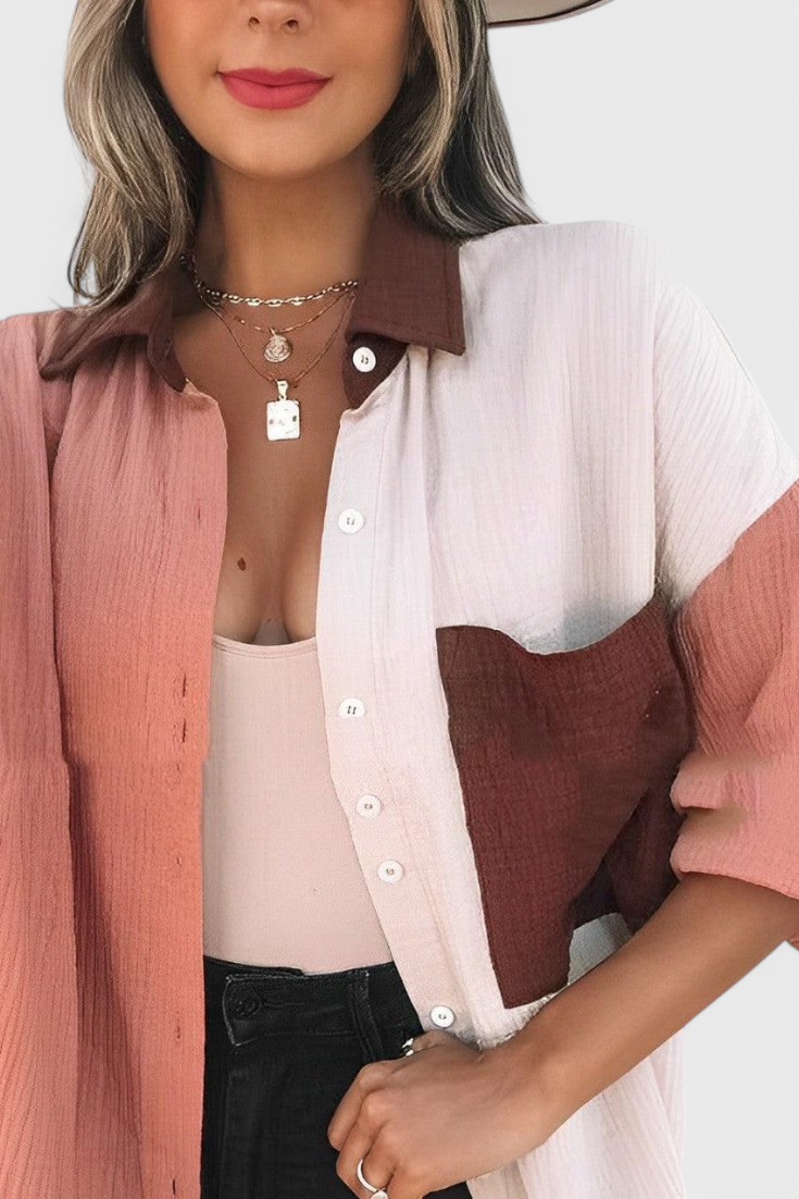 Juniper Button-Down Blouse with Color Block Design