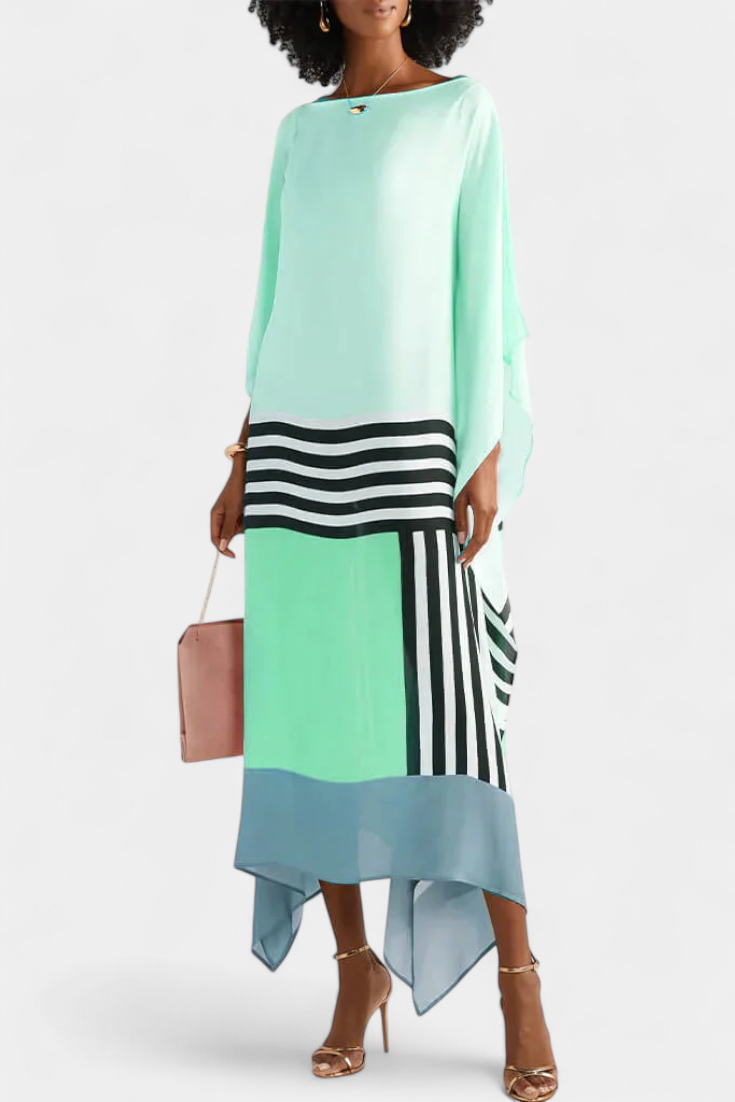 Elenora Kaftan with Geometric Pattern, Wide Line and Butterfly Mesh Fabric