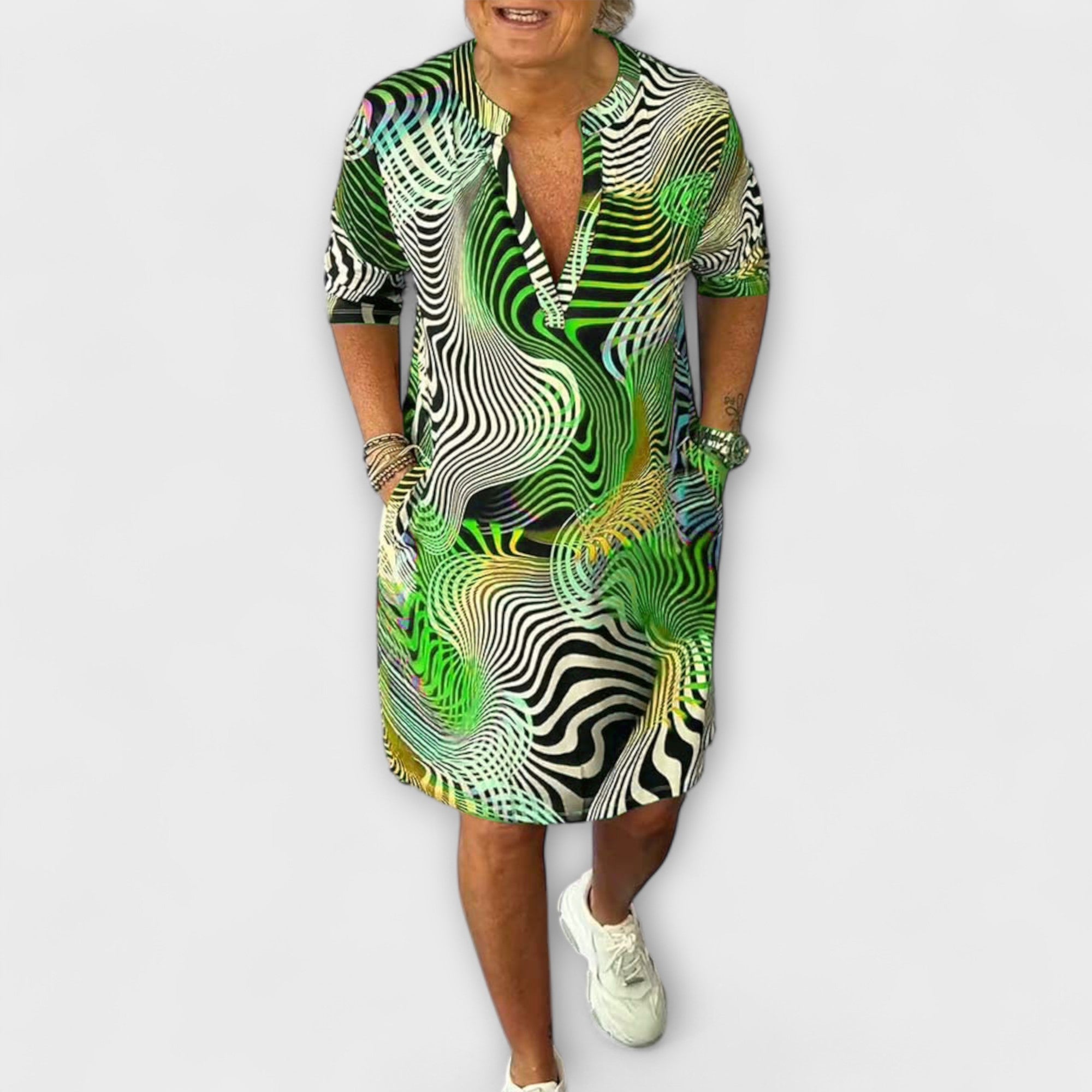 Riola — Multicolored Dress with V Neckline