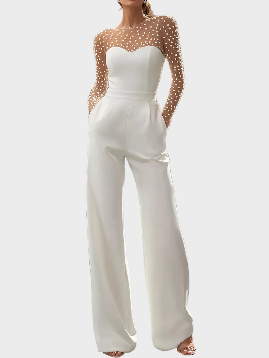 Tellie | Pearl-Embellished Sheer Bodice White Jumpsuit