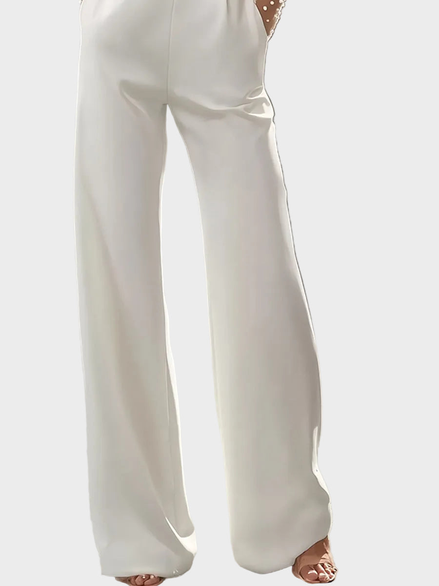 Tellie | Pearl-Embellished Sheer Bodice White Jumpsuit