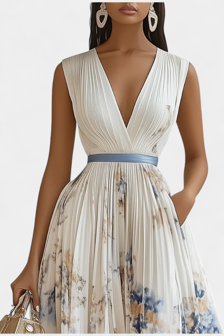 Elise Sleeveless Pleated Midi Dress with Floral Print
