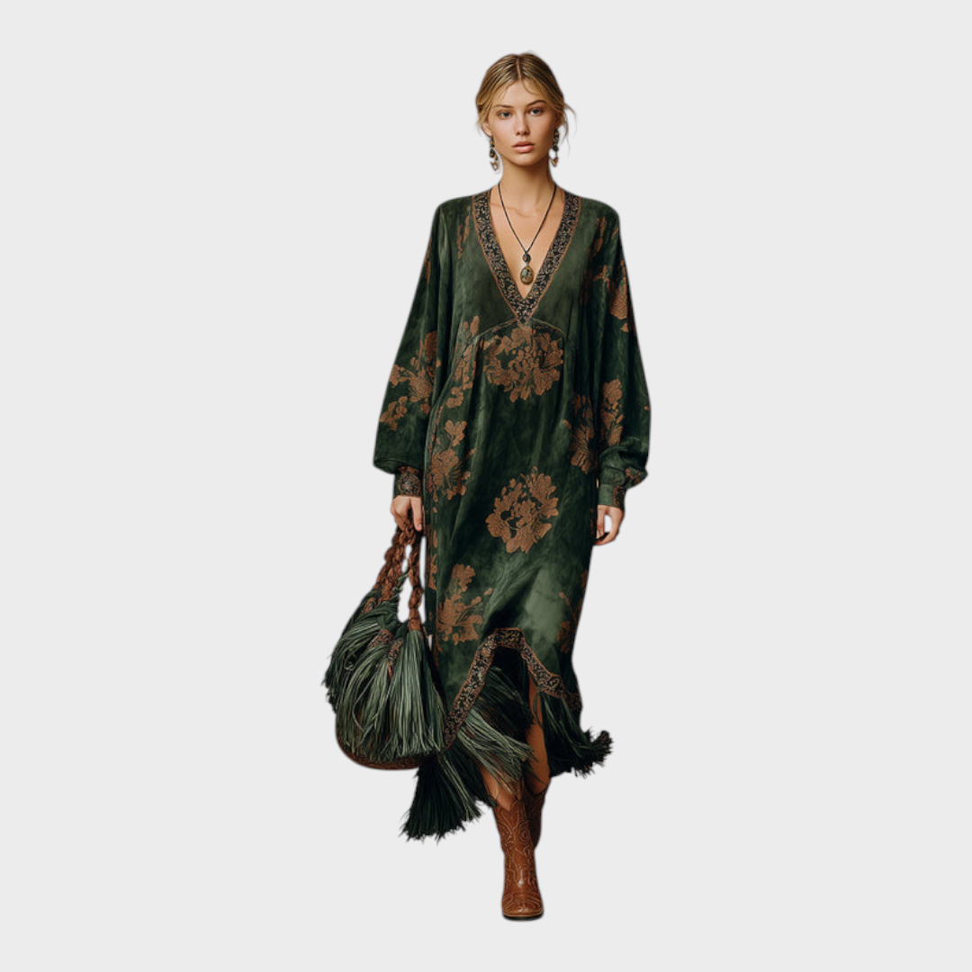 Makayla | Retro Silhouette Printed Green Faux Suede Maxi Dress