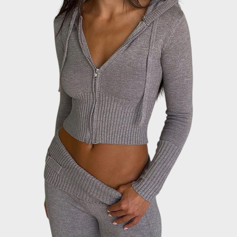 Xyrene | Short Hooded Cardigan Set with Ribbed Design