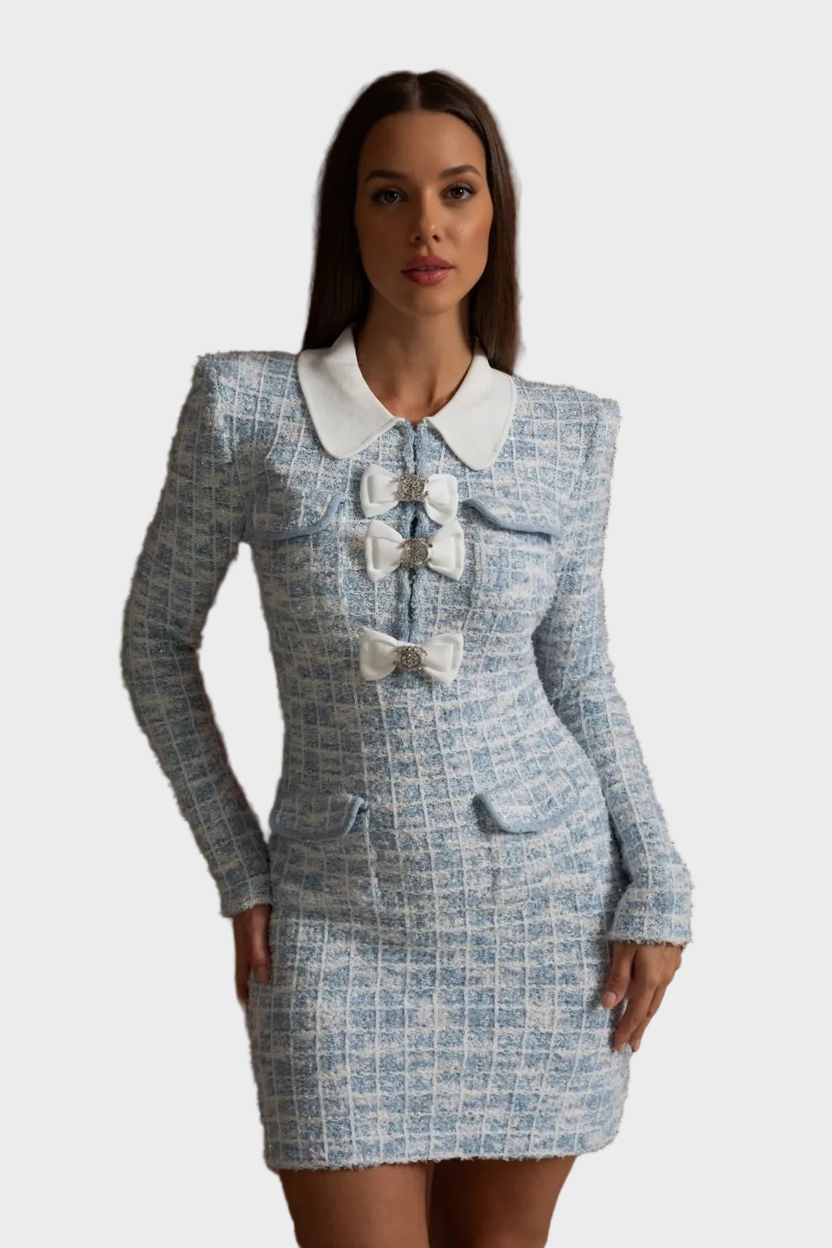 Tevera | Tweed Mini Dress with Contrast Collar and Decorative Bows