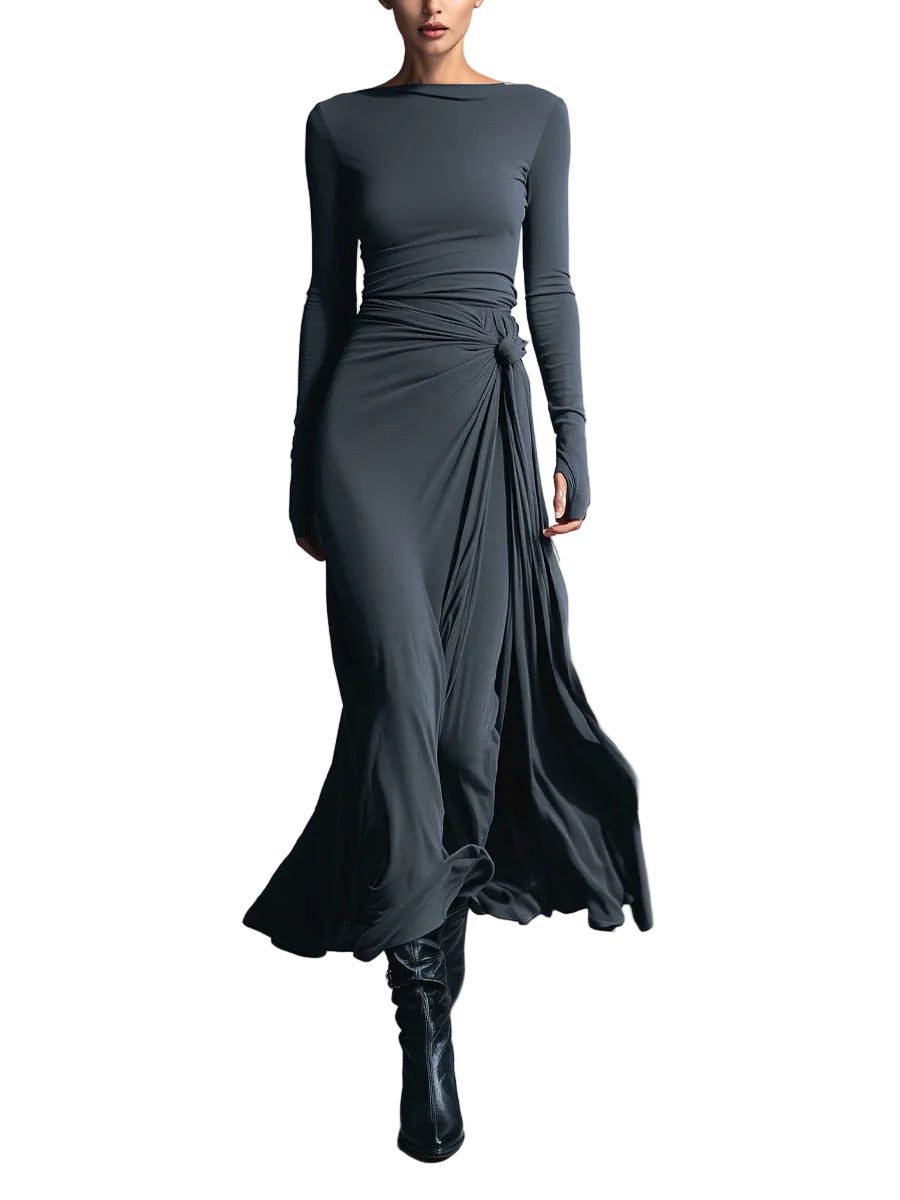Belle | Women's Gray Exquisite Stretch Blended Fabric Wrap Dress - Knotted Maxi Dress