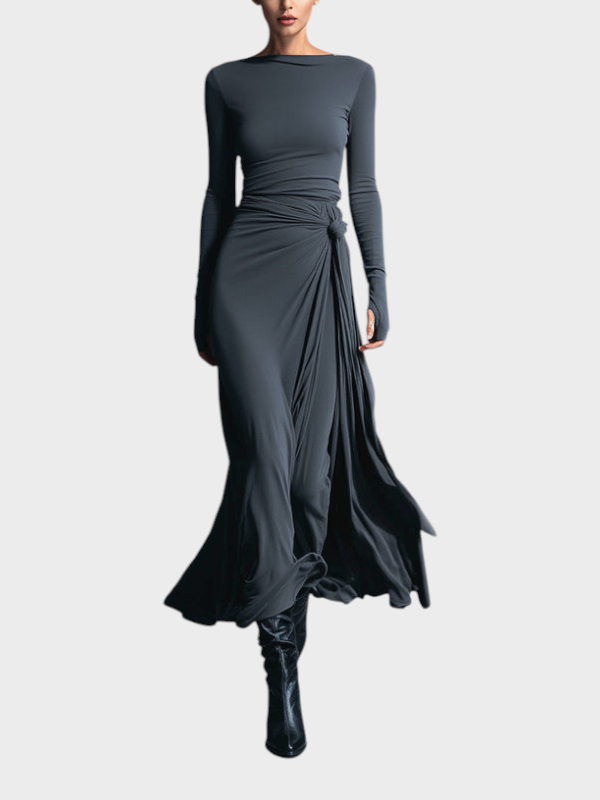 Hera | Women's Grey Stunning Stretch Blend Fabric Dress - Drawstring Maxi Dress MDA1401H9I