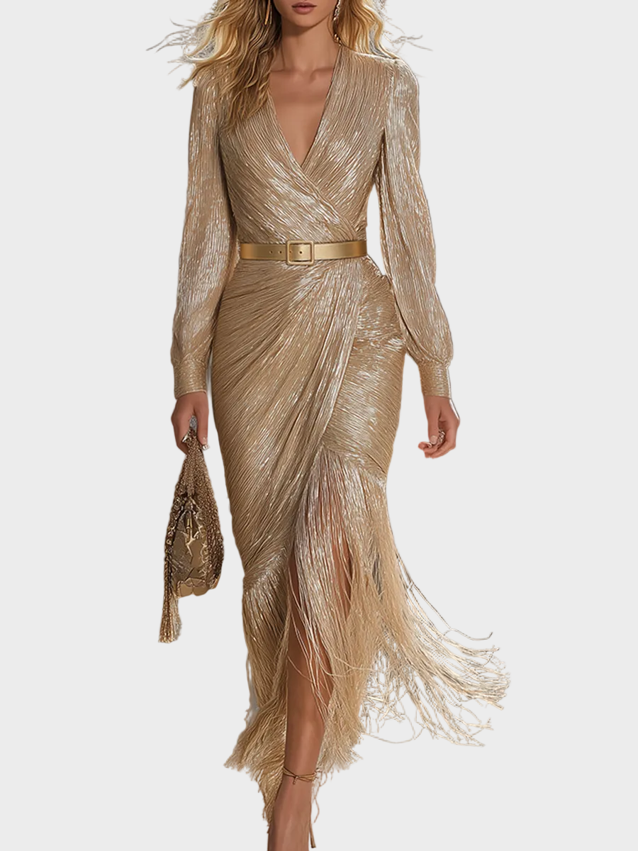 Jollie | Chic and Elegant Maxi Dress in Champagne Shade with V-Neck, Tassels, and Shine