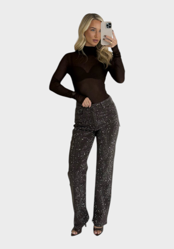 Miley | Straight Leg Jeans with Rhinestones in Chocolate