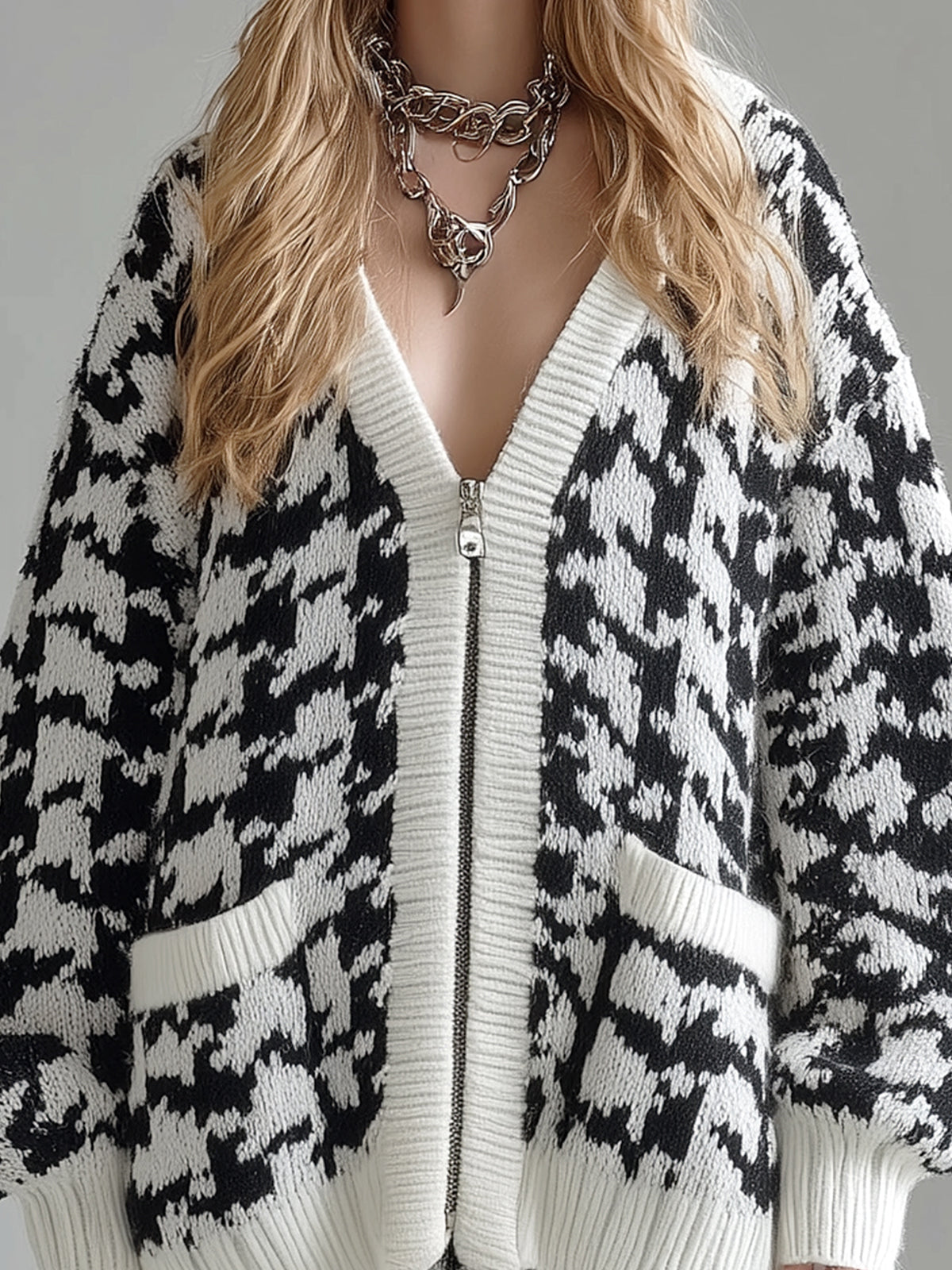 Ora | Casual elegant cardigan with V neckline, single breasted, oversized, long sleeve, knitted, with houndstooth pattern
