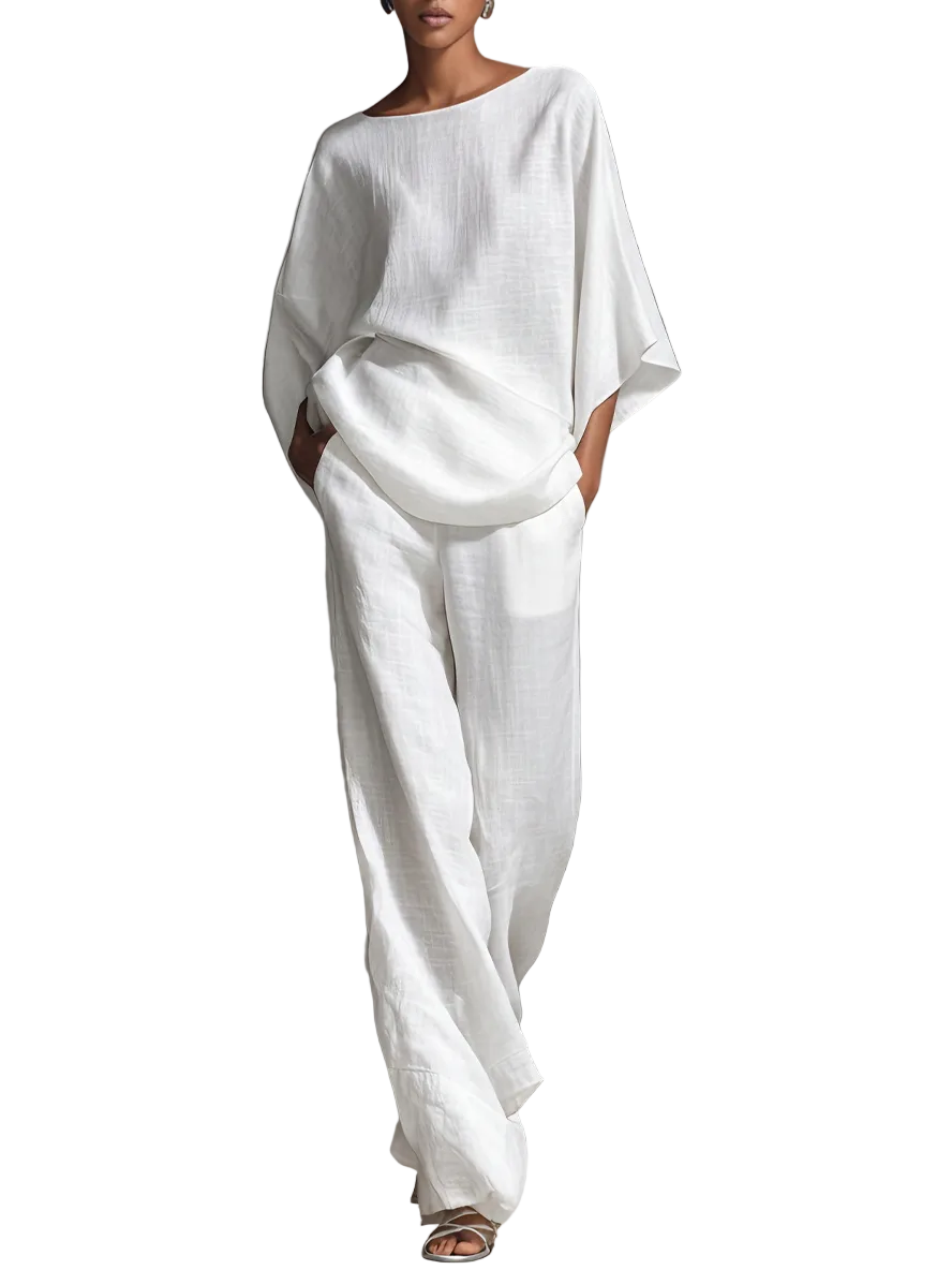 Chloe | Women's Relaxed Linen-Blend White Boat-Neck Batwing-Sleeve Oversized Top & Wide-Leg Pants Set