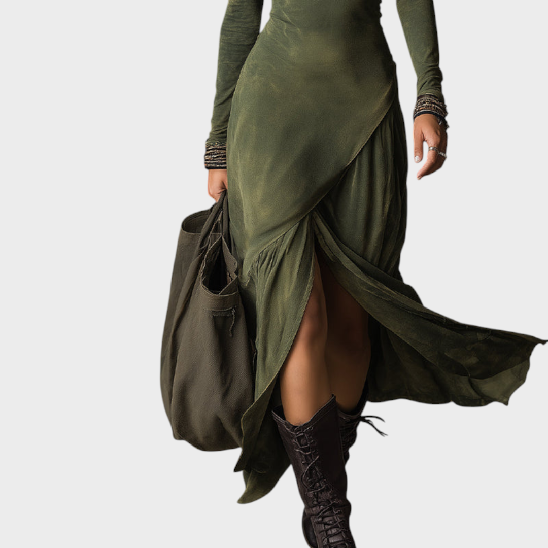 Tricia | Bohemian Midi Dress in Washed Cotton with Half Zipper and Slit at the End