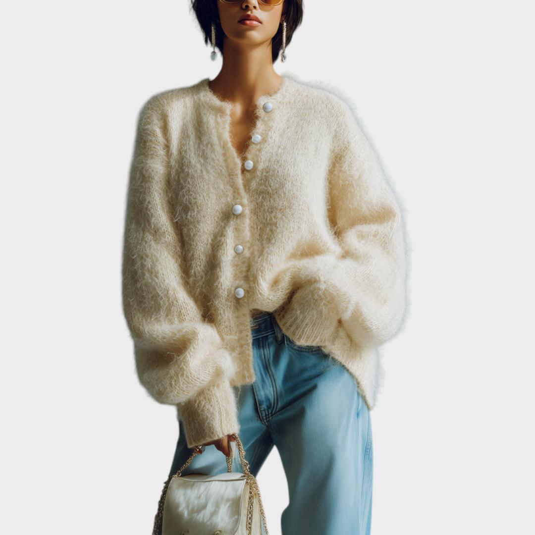 Alannah | Chic Vintage Veraman Round Neck Single Button Long Sleeve Sweater with Pearl Details Oversized Knitted Cardigan