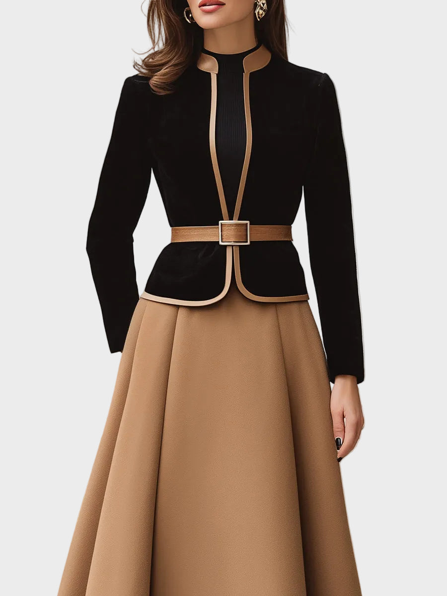 Rebecca | Two-Tone Trim Blazer And A-Line Midi Skirt Set