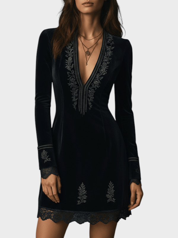 Naia | Retro Black Velvet Lace Embellished Mini Dress