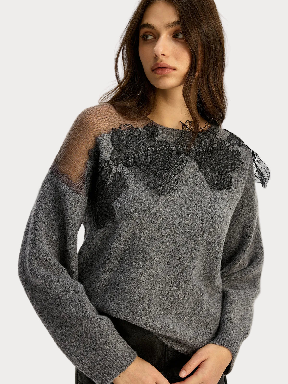 Basha | Floral lace semi-sheer sweater with a round neckline