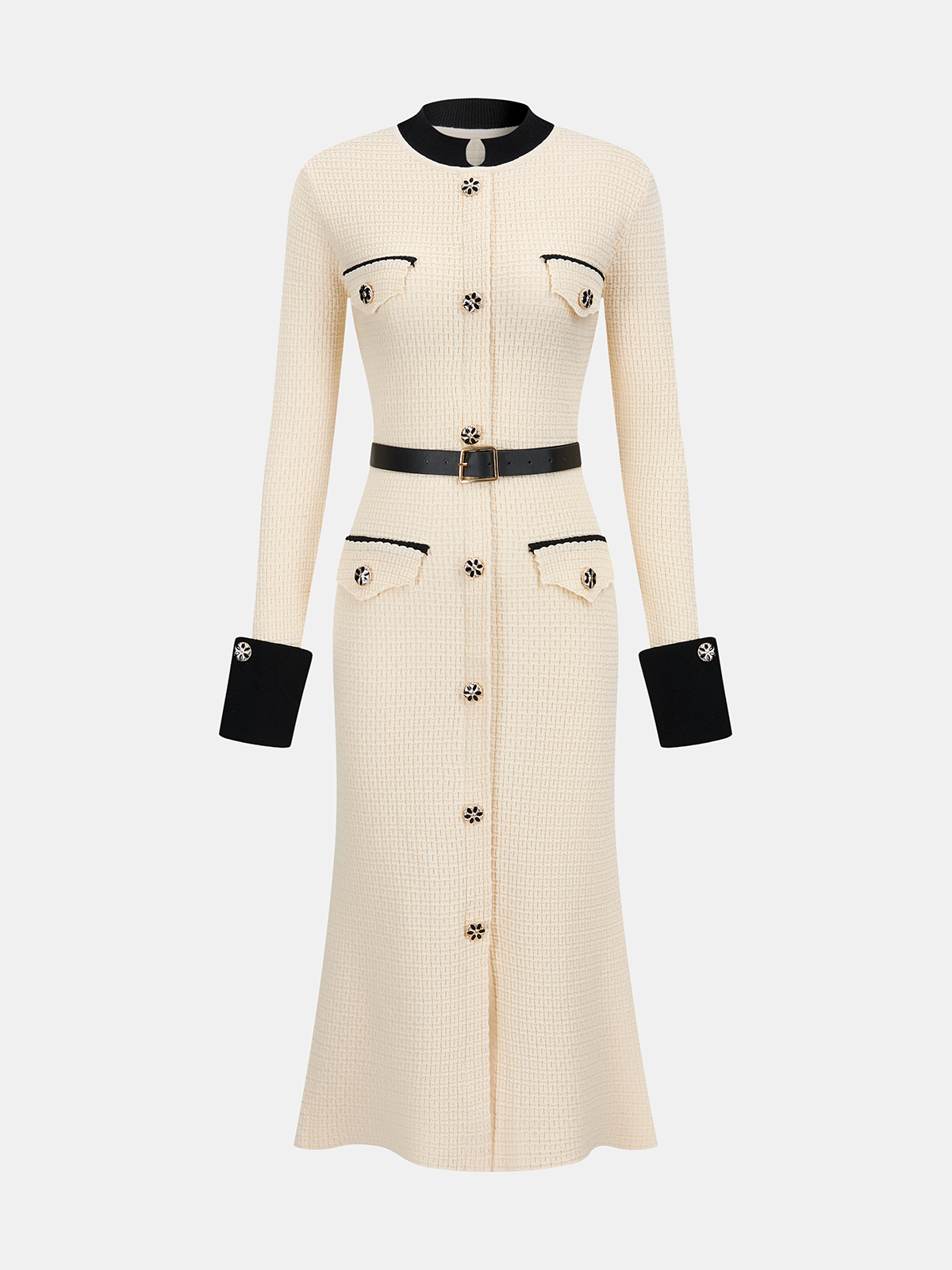 Gulya - Contrast-Trim Button-Front Midi Dress with Belt