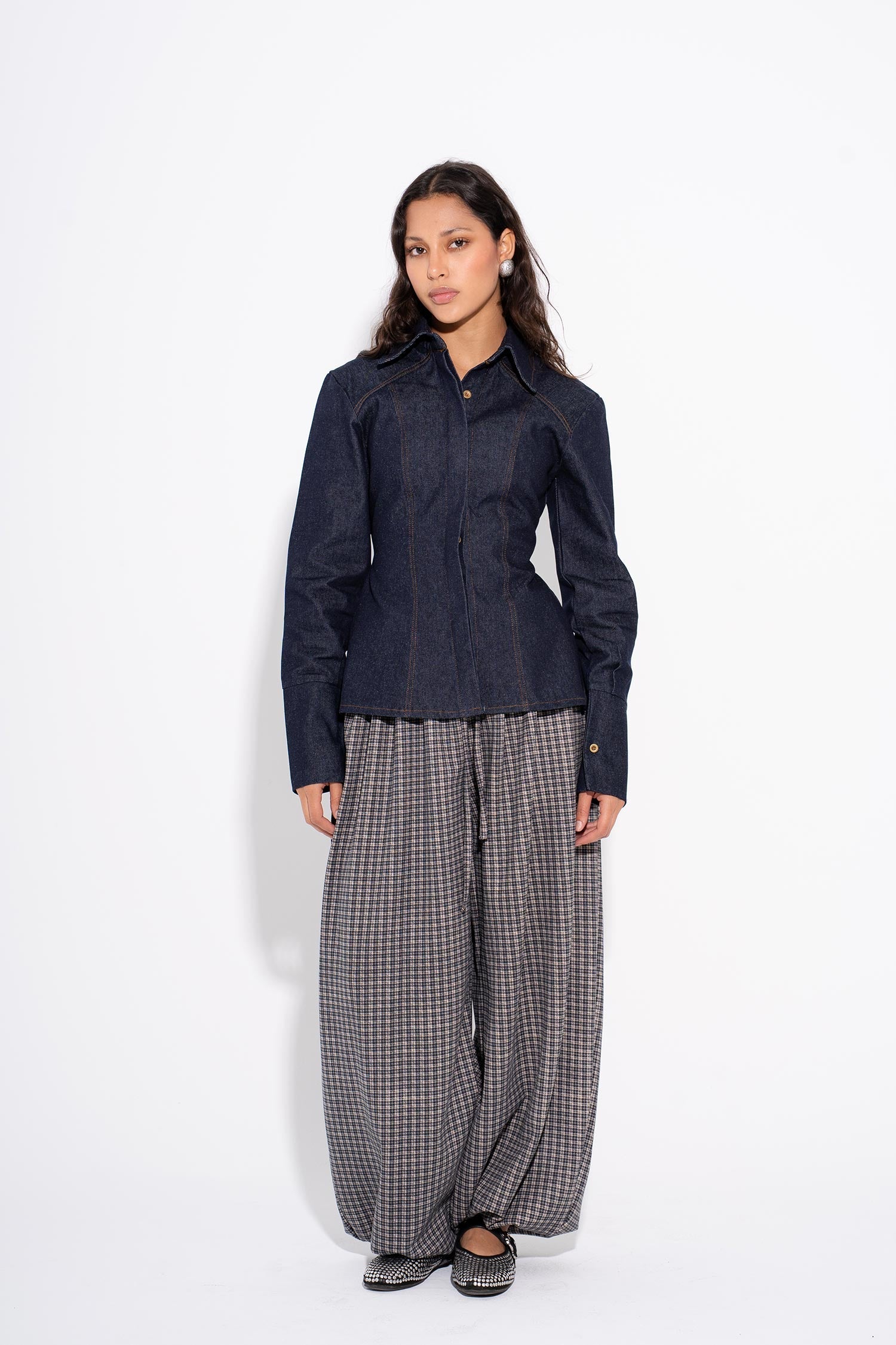 MILA -Fitted Denim Shirt - Navy