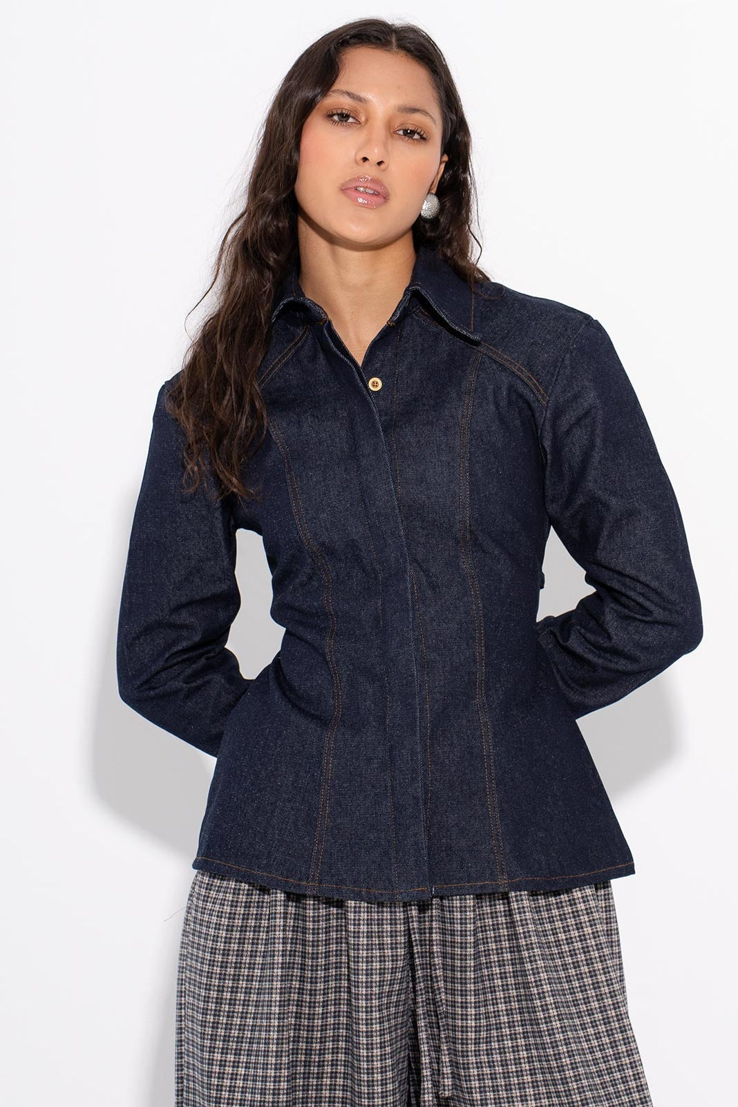 MILA -Fitted Denim Shirt - Navy