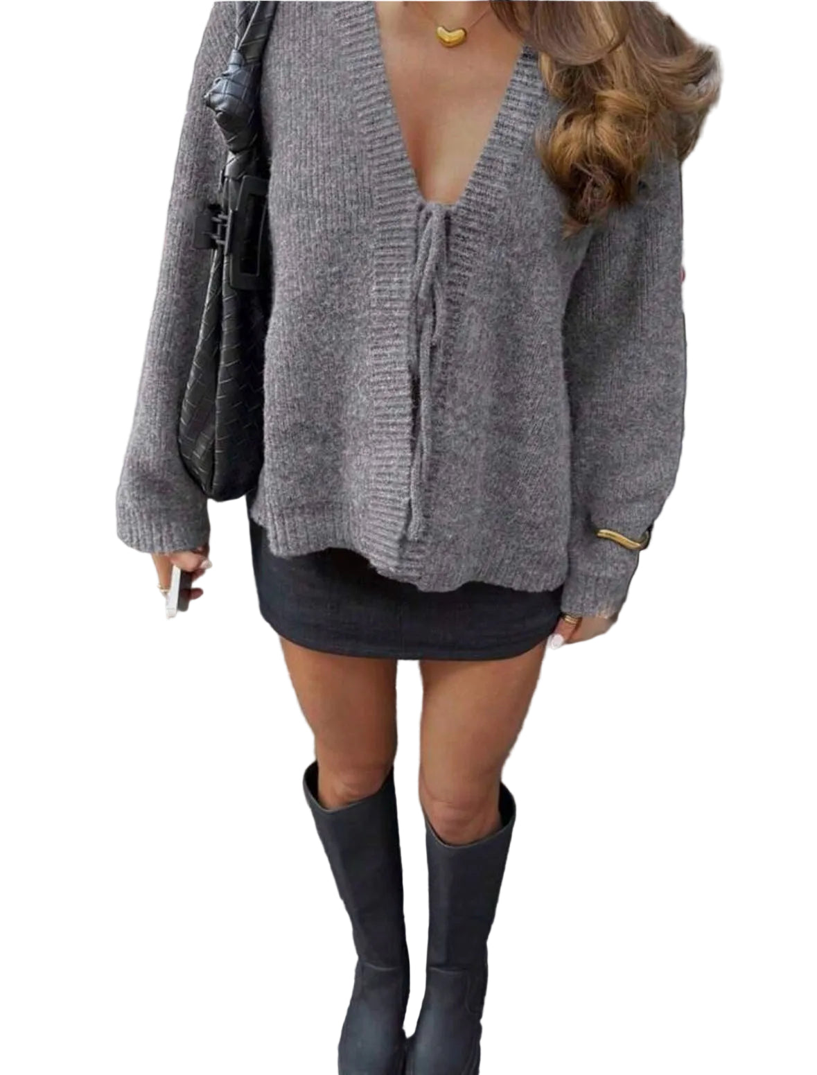 Alexa | Cozy Grey Tie-Front Knit Sweater