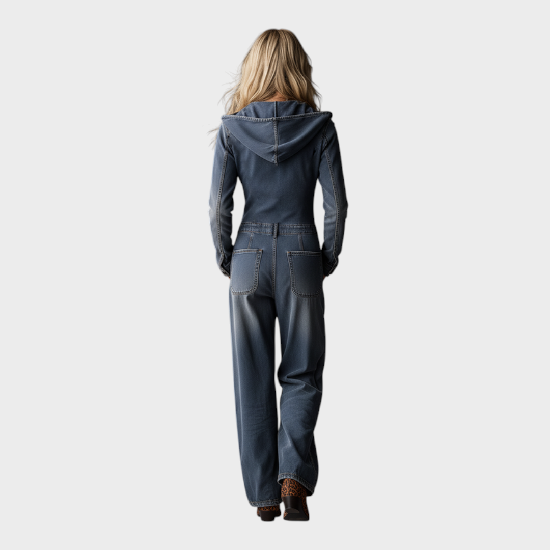 Katelyn | Retro Gray-Blue Denim Dress with Hood and Front Zipper