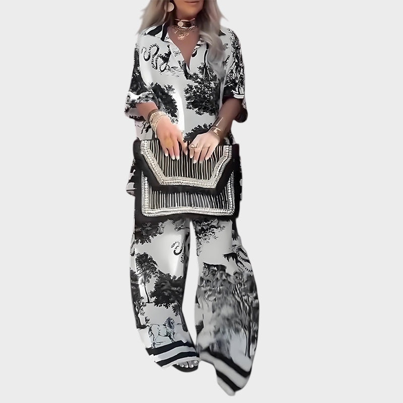 Printed blouse with V-neckline + long pants