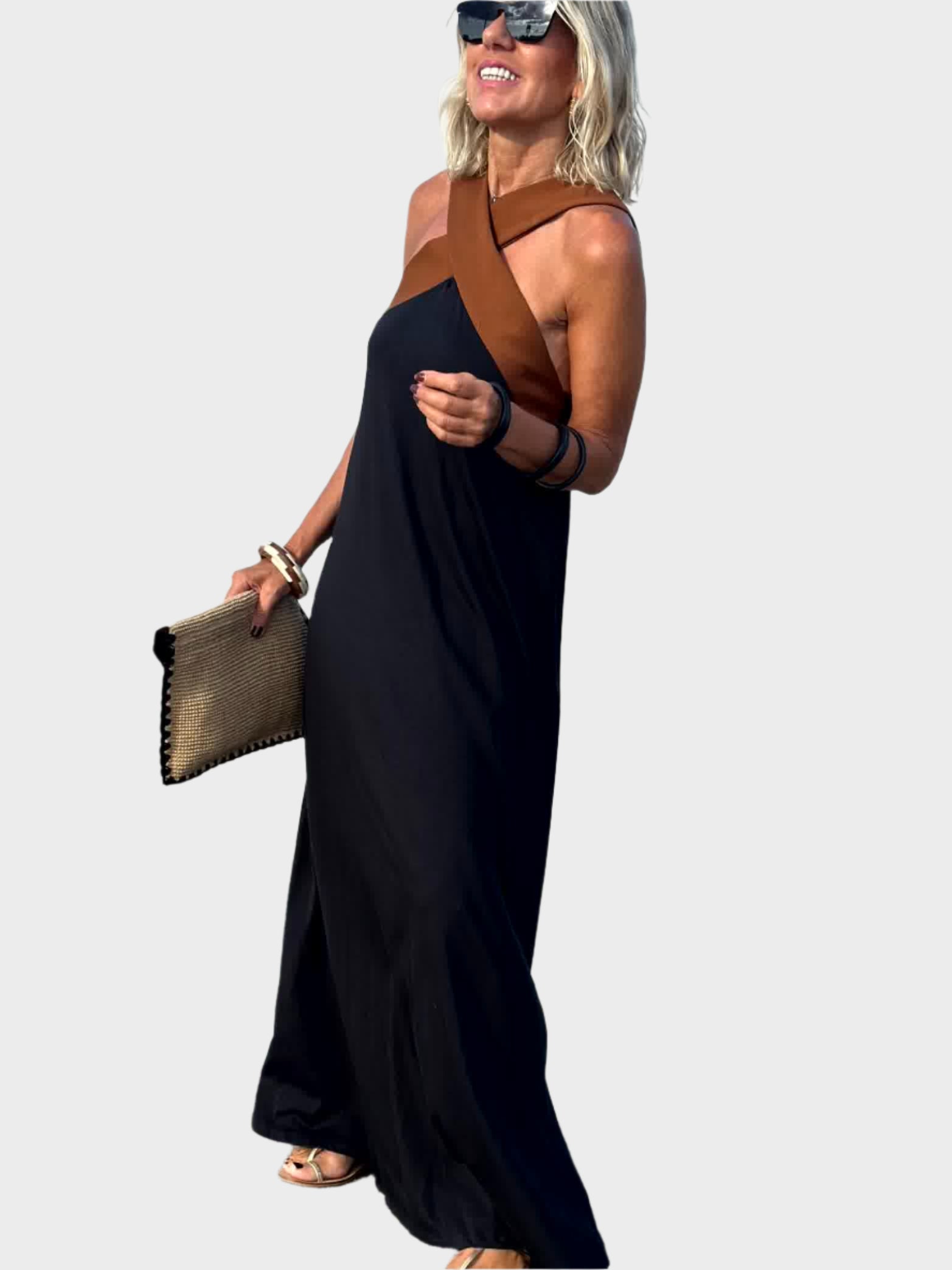 Elegant Dress with Open Back and Modern Cross Neck
