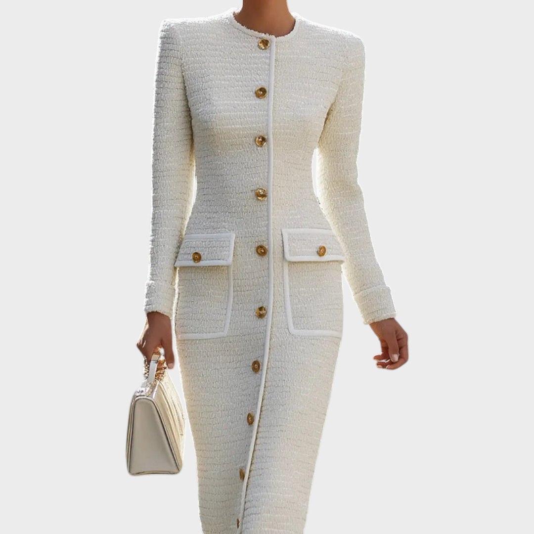 Ahtisa | Ivory Tweed Button-Down With Patch Pockets - Midi Dress