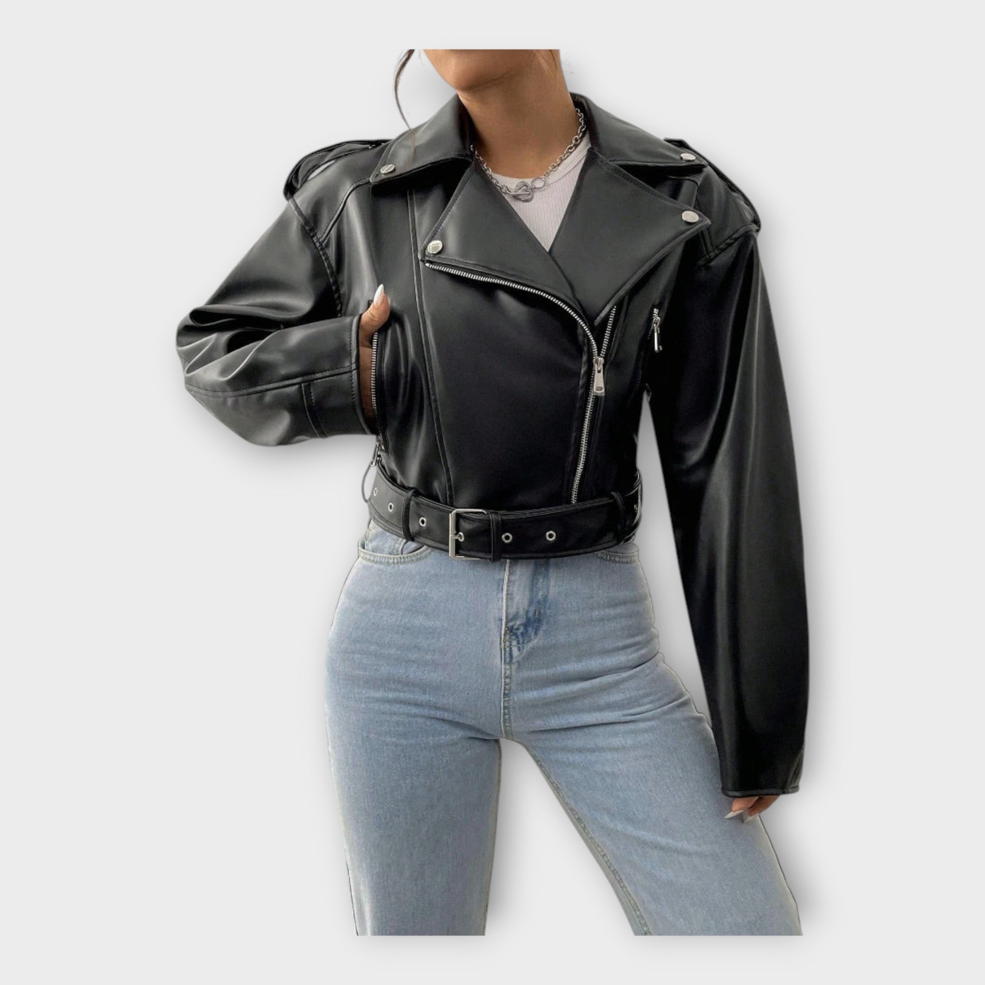 Short Leather Jacket with Belt