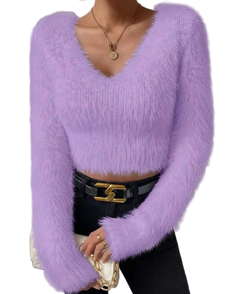 Anya | Casual Fuzzy V-Neck Knit Sweater