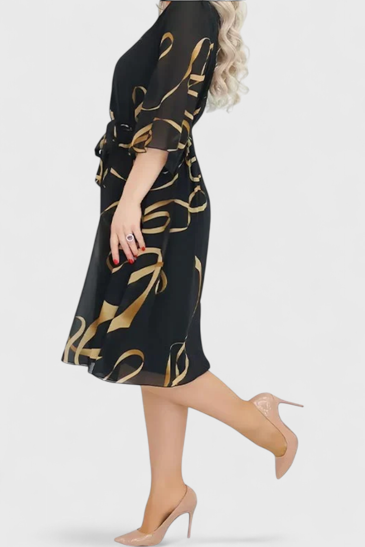 Amelie Midi Dress with Print, Belt and Flexible Cut