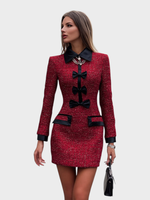 Cynthia | Red Tweed Dress with Black Details