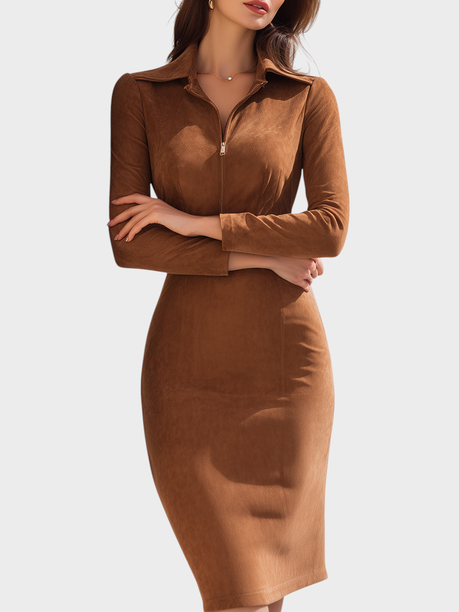Orabella | Caramel Brown Suede Zipper Dress