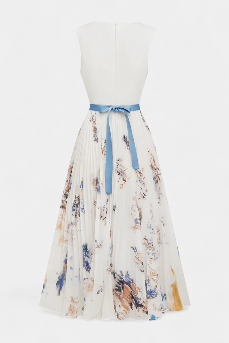Elise Sleeveless Pleated Midi Dress with Floral Print