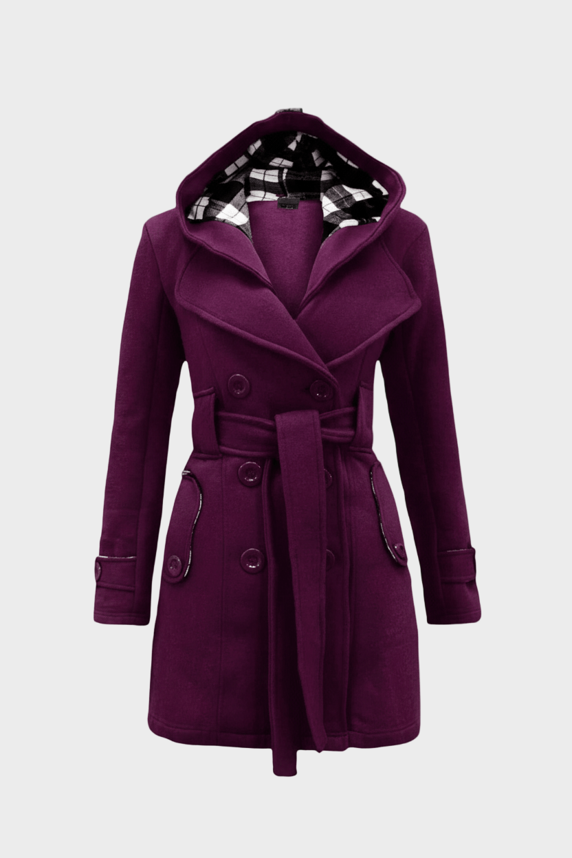 Hermione | Women's Double-Breasted Wool Blend Coat with Hood and Waist Belt