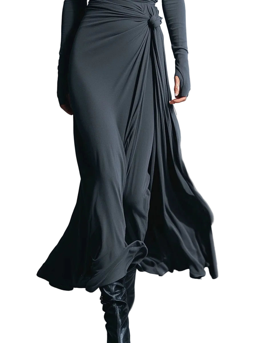 Belle | Women's Gray Exquisite Stretch Blended Fabric Wrap Dress - Knotted Maxi Dress