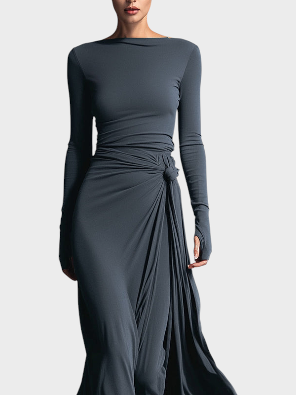 Hera | Women's Grey Stunning Stretch Blend Fabric Dress - Drawstring Maxi Dress MDA1401H9I
