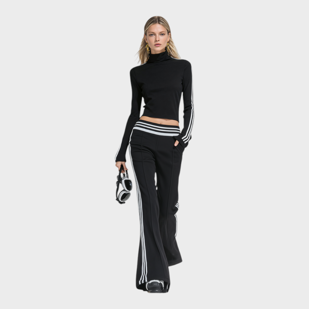 Rowena | Sporty And Stylish Stand-up Collar T-shirt And Flared Pants Set