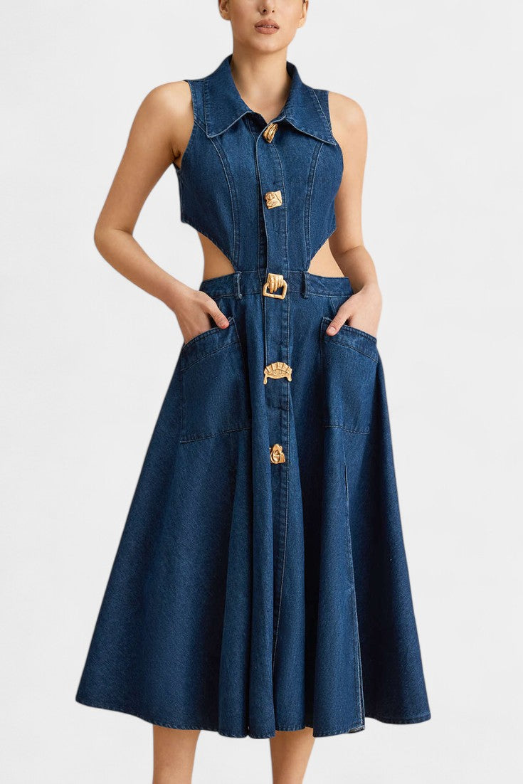 Alia Sleeveless Denim Dress with Cutout