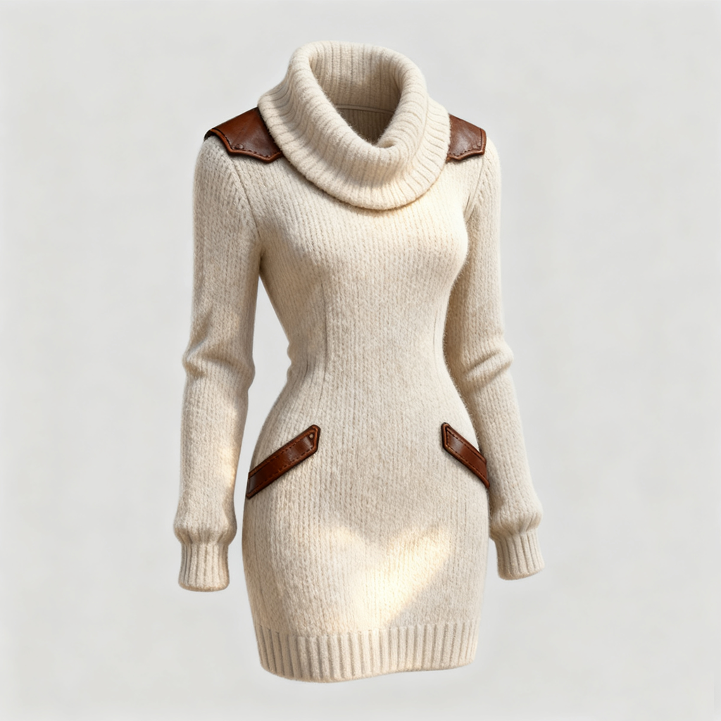 Saline | Women's Vintage Cream Knit Dress with Turtleneck and Leather Details