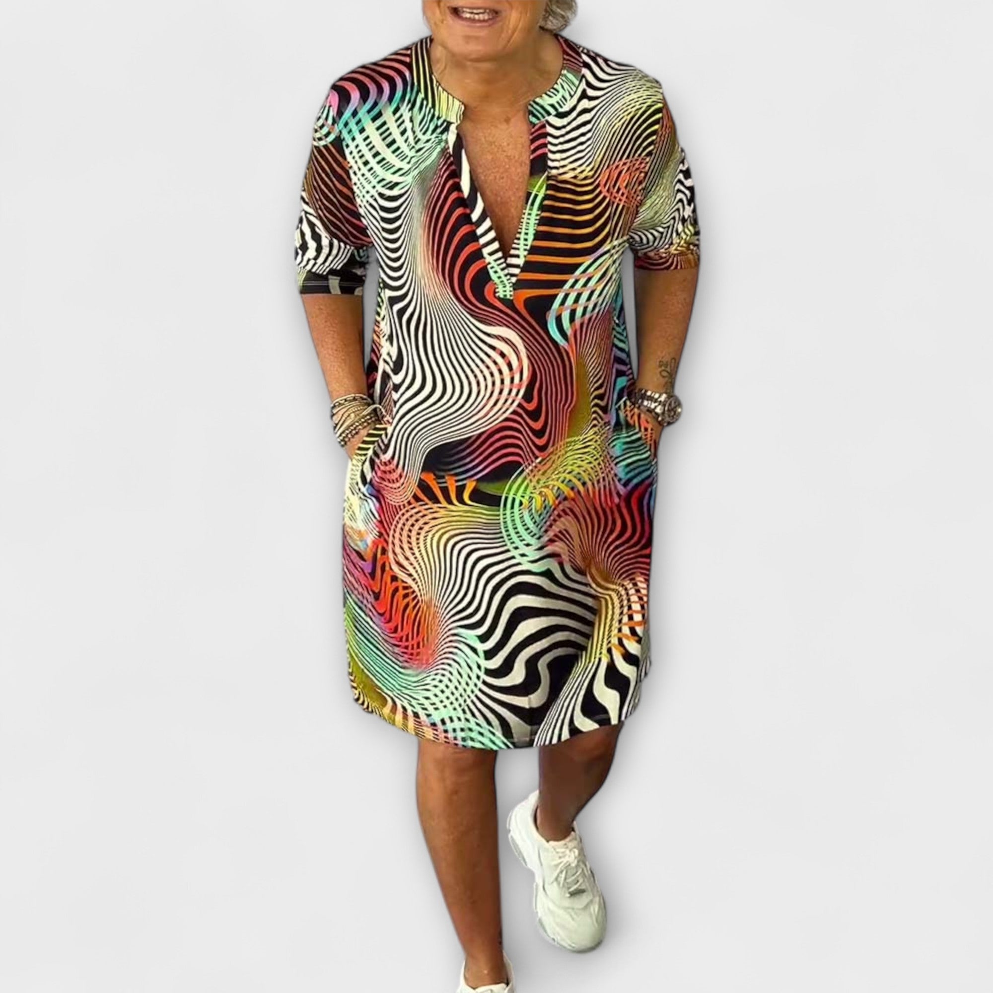 Riola — Multicolored Dress with V Neckline