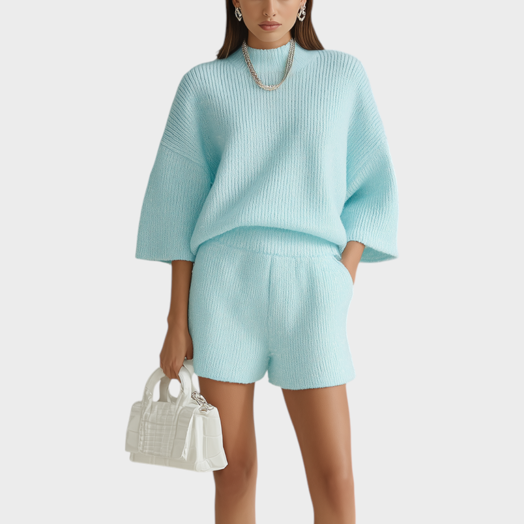 Stephanie | Casual Baby Blue Mock Neck Short Sleeve Oversized Sweater Wide-Leg Shorts Knit Two-Piece Set