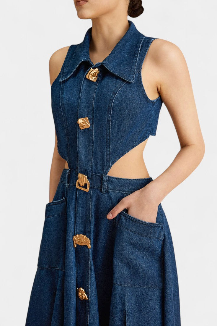 Alia Sleeveless Denim Dress with Cutout
