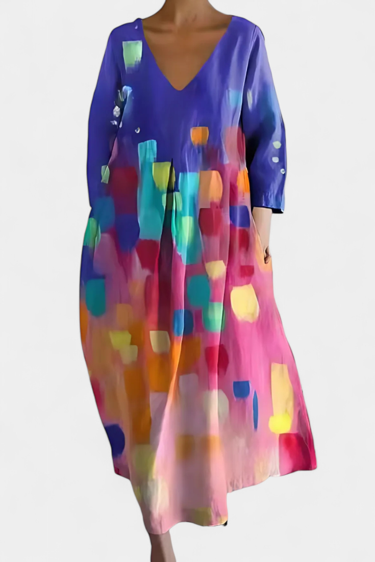 Anne Long Multicolored Dress with V Neckline